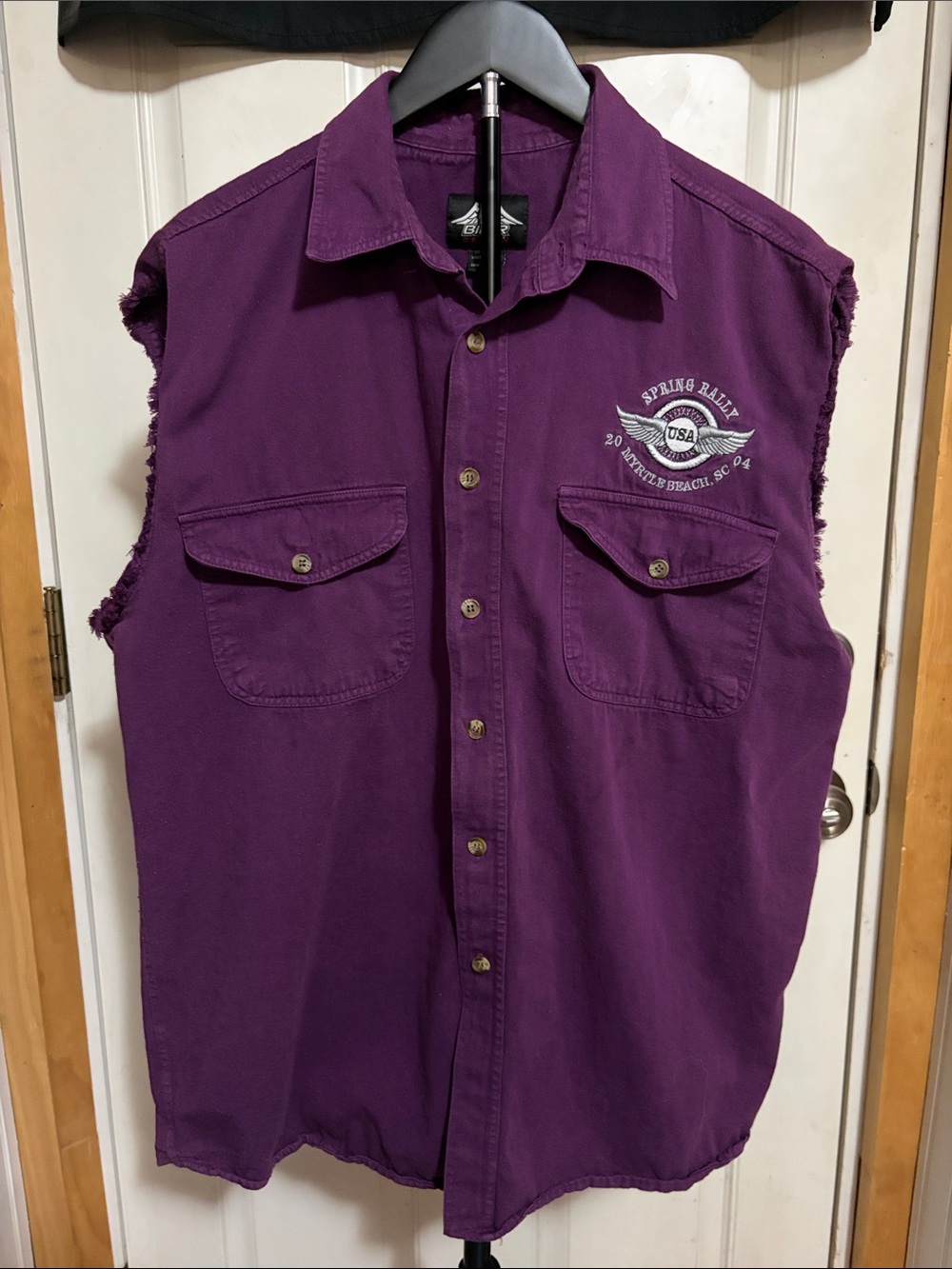 Vintage 2004 Biker Design Cutoff Vest Sleeveless Button Up Frayed Purple